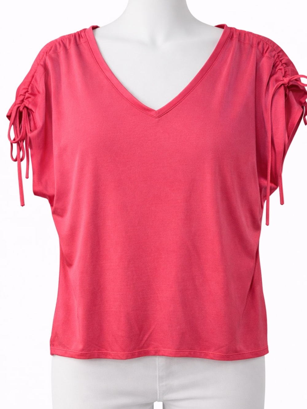 JEANNE PIERRE Women’s Coral Pink V‑Neck Short Sleeve Top with Ruched Tie Sleeves